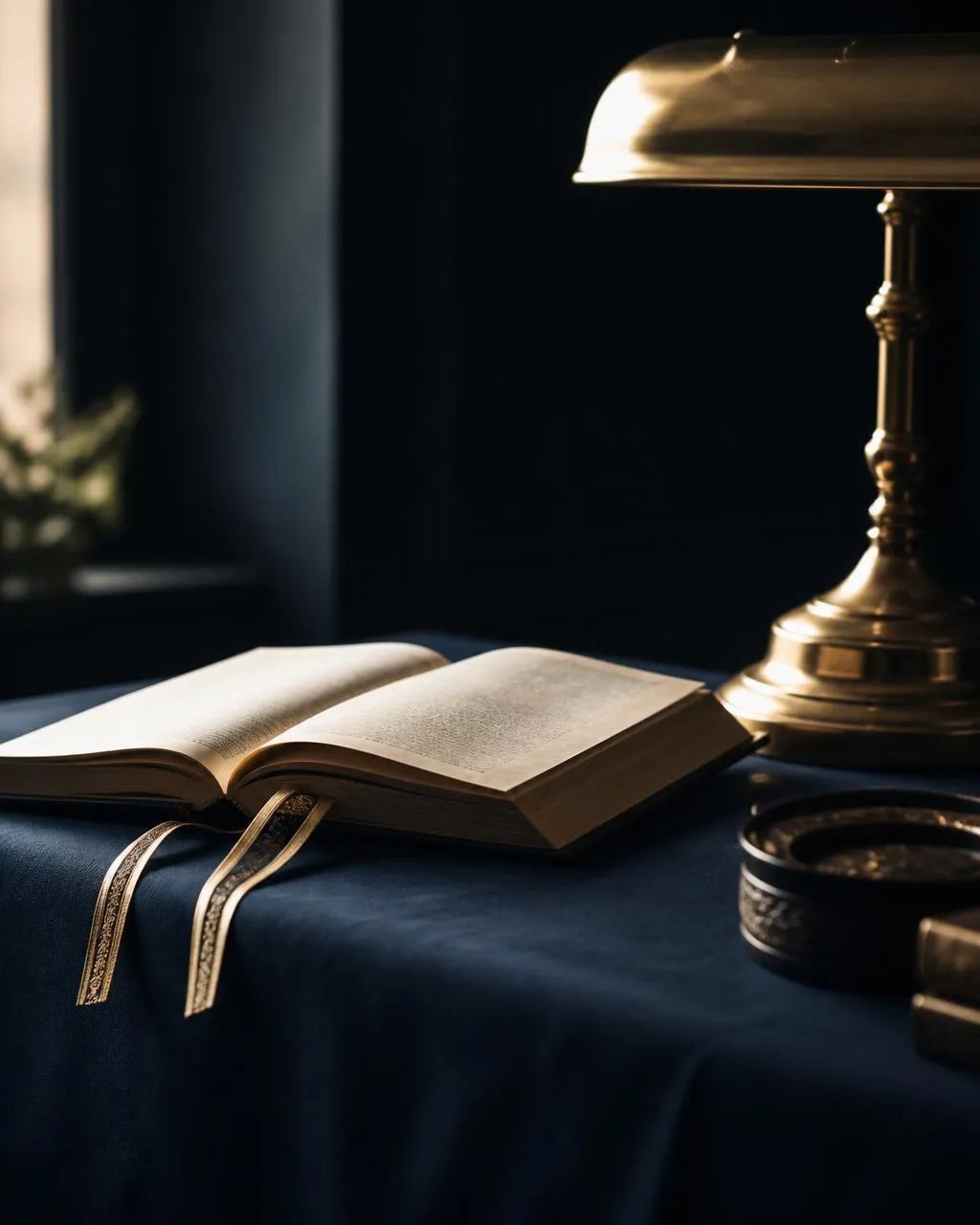 Livro aberto sobre mesa com luminária de bronze, leitura pastoral