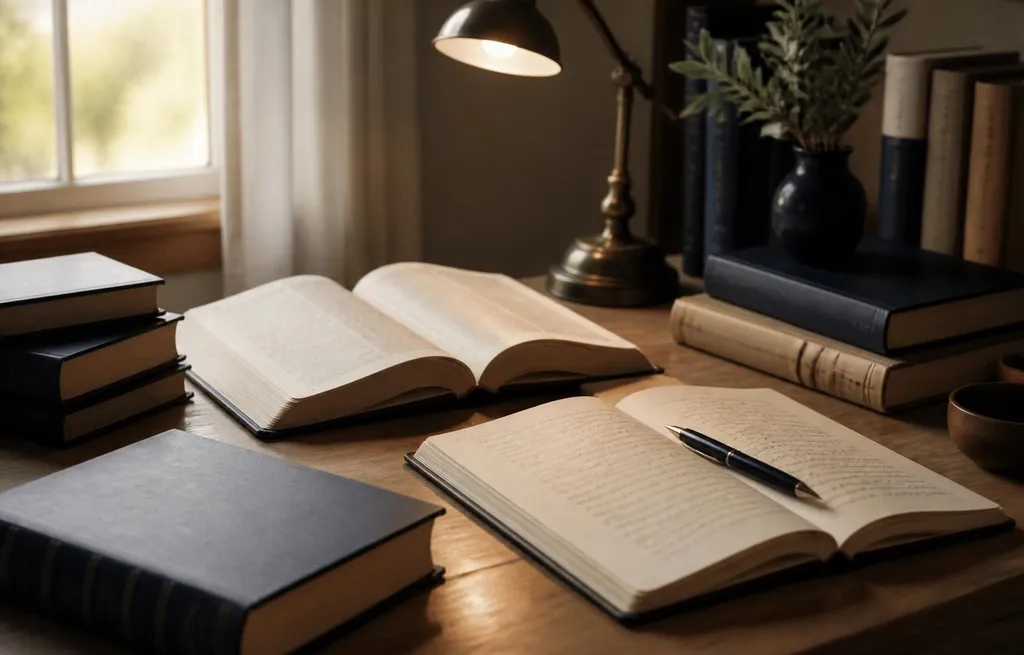 Mesa de estudos teológicos com Bíblia aberta, livros e cadernos, formação ministerial