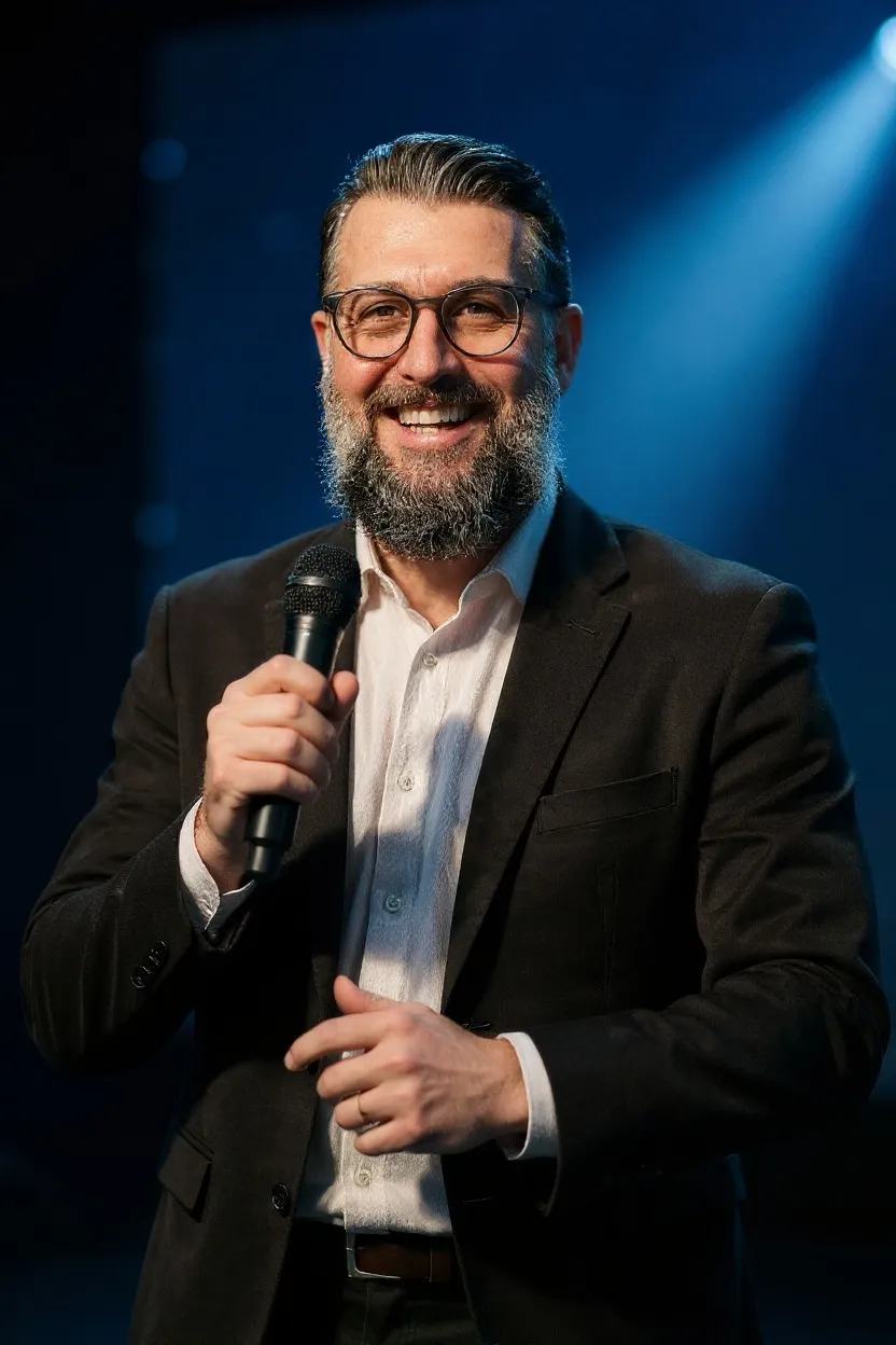 Pr. Daniel Basso pregando, com o microfone na mão