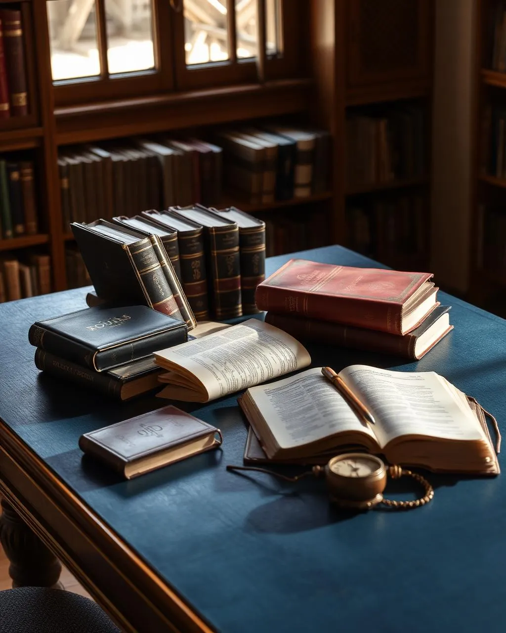 Mesa de estudos com Bíblia aberta, livros teológicos e cadernos, biblioteca ministerial