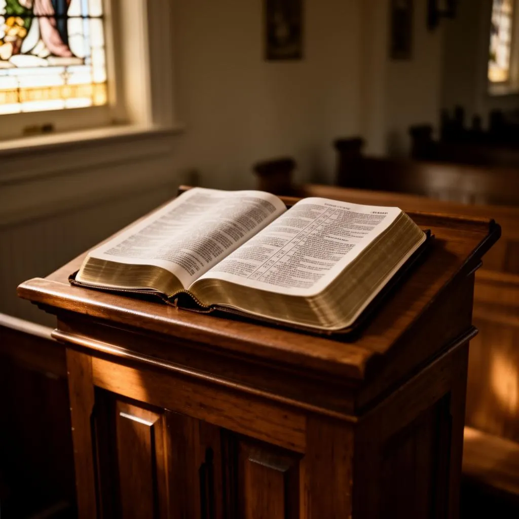 Bíblia aberta sobre púlpito de igreja — pregação expositiva